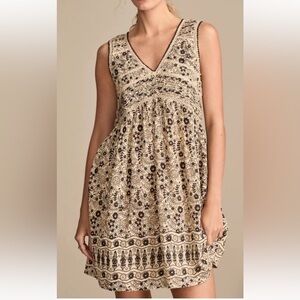 Lucky Brand V-Neck Sleeveless Beige Brown Floral Cotton Gauze Mini Dress M